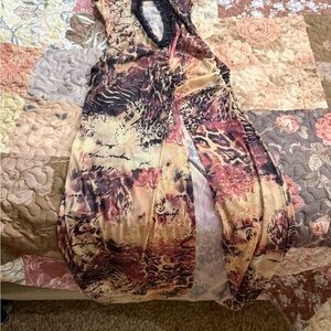 SHEIN Cream and Burgundy Abstract Print Maxi Dress